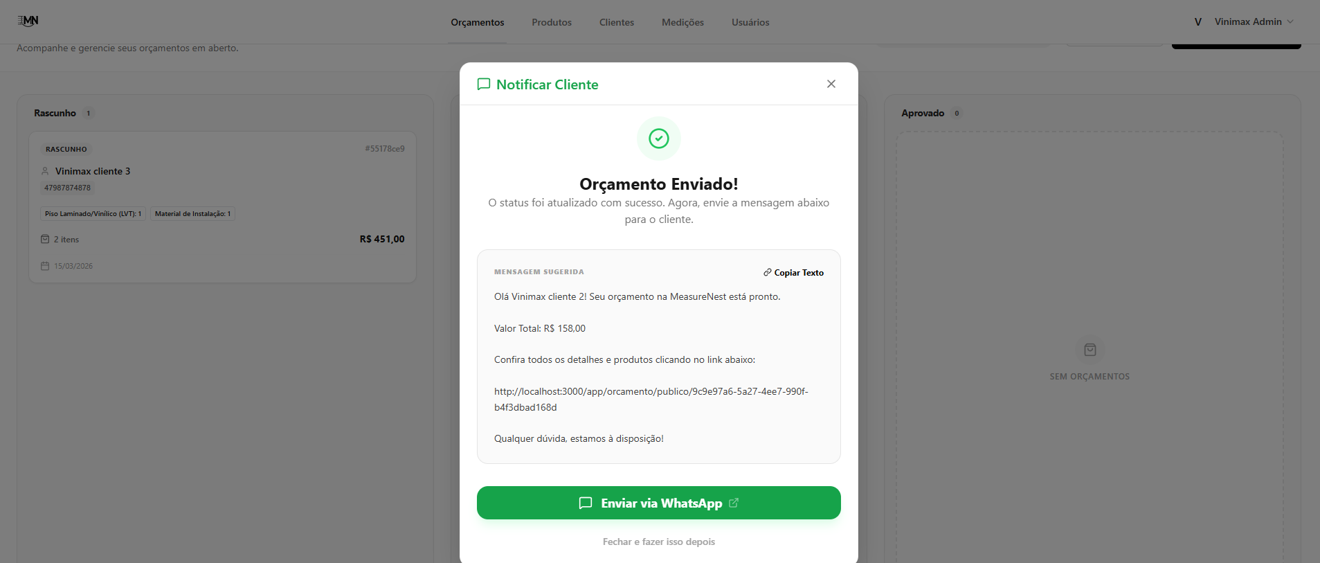 Mensagem whatsapp ao cliente